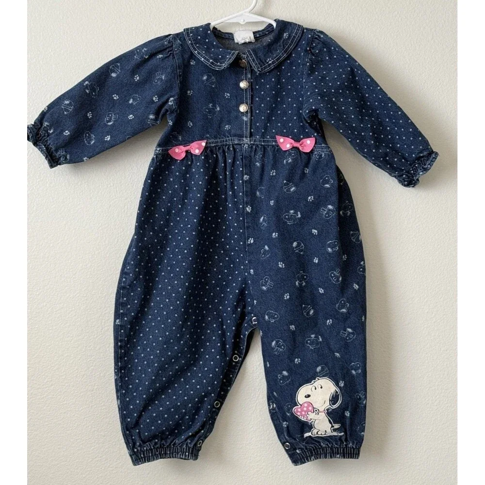 Vintage Baby Girl Snoopy Denim Jean Jumpsuit Romper 18 Months